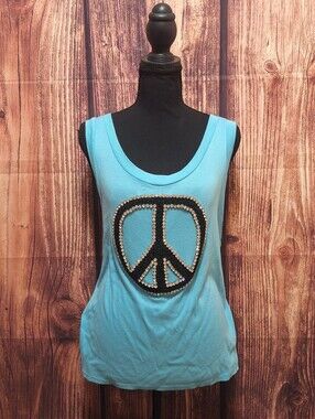 TWISTED HEART Aqua Beaded Peace Sign Tank Top Size Xl